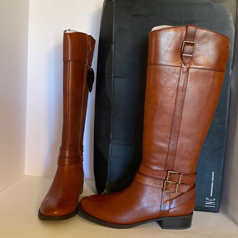 INC size 10M cognac zippered rider boot style NIB